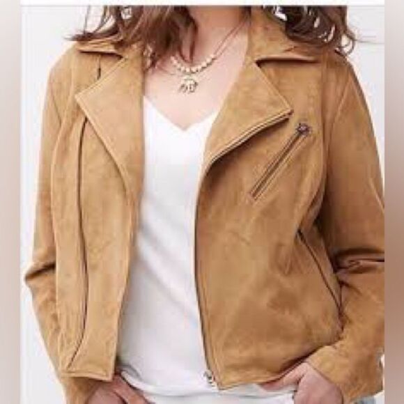 NWT PLUS LANE BRYANT Tucson Tan Faux Vegan Suede Stretch Moto Jacket Sz 14/16 - Picture 3 of 10